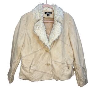 XOXO Beige Faux Suede Faux Fur Long Sleeve Button Up Jacket Coat Size XL y2k